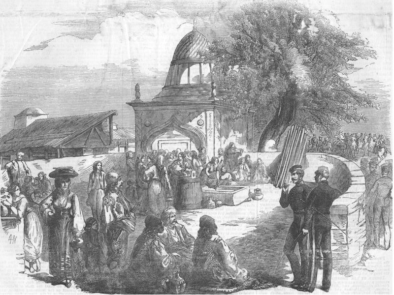 1854 Public and Sodiers around public fountain at Varna