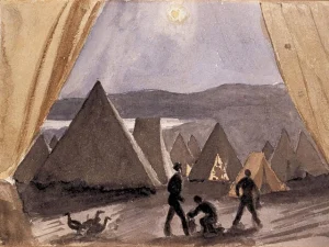Varna, 1st Camp at Aladdyn from my tent by moonlight, 1854. Watercolour by Lieutenant William